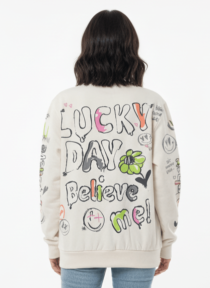 MNS WOMEN Doodle Graphic Sweatshirt Cream Multicolor Print - Smgarment's