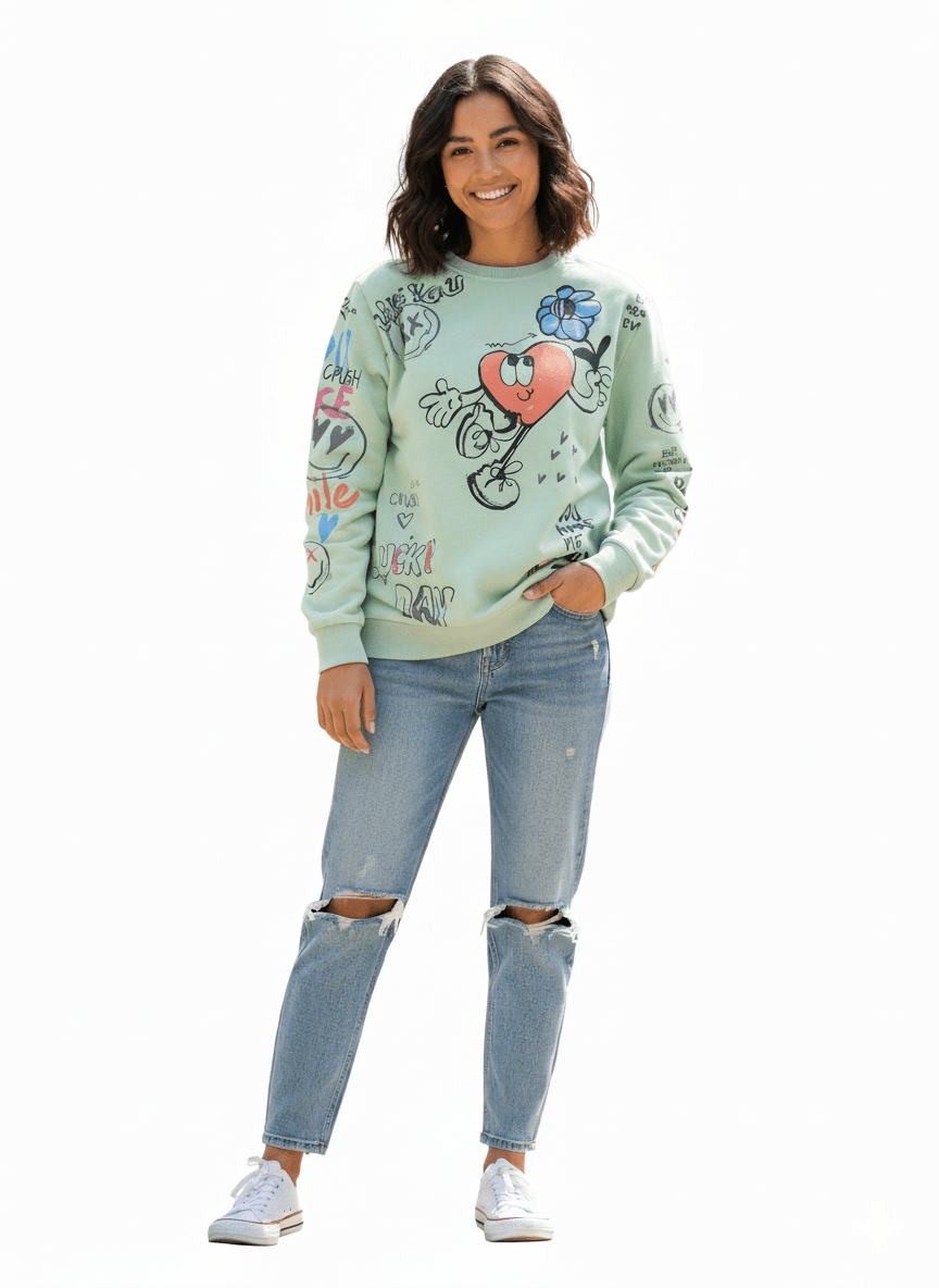 MNS WOMEN Doodle Graphic Sweatshirt Pistachio Multicolor Print - Smgarment's