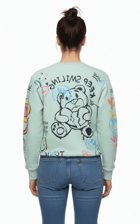 MNS WOMEN Doodle Graphic Sweatshirt Pistachio Multicolor Print - Smgarment's
