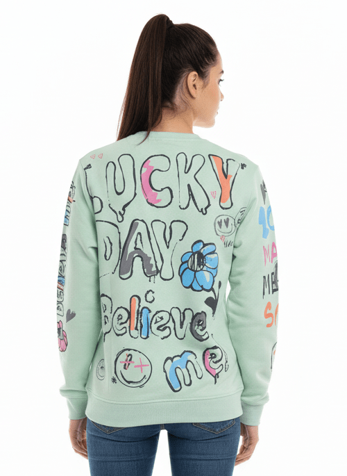 MNS WOMEN Doodle Graphic Sweatshirt Pistachio Multicolor Print - Smgarment's