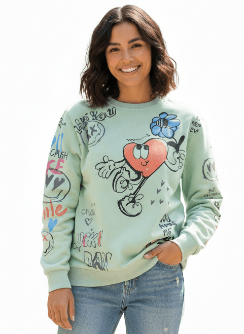 MNS WOMEN Doodle Graphic Sweatshirt Pistachio Multicolor Print - Smgarment's