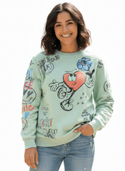 MNS WOMEN Doodle Graphic Sweatshirt Pistachio Multicolor Print - Smgarment's