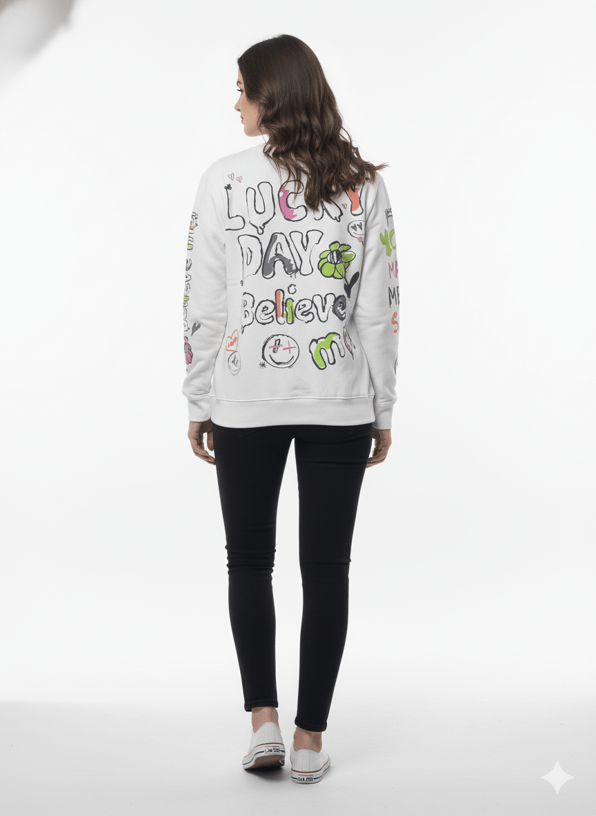MNS WOMEN Doodle Graphic Sweatshirt White Multicolor Print - Smgarment's