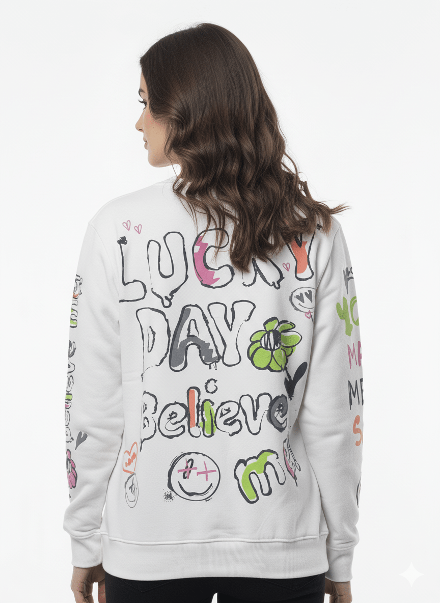 MNS WOMEN Doodle Graphic Sweatshirt White Multicolor Print - Smgarment's