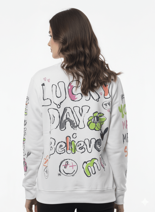 MNS WOMEN Doodle Graphic Sweatshirt White Multicolor Print - Smgarment's