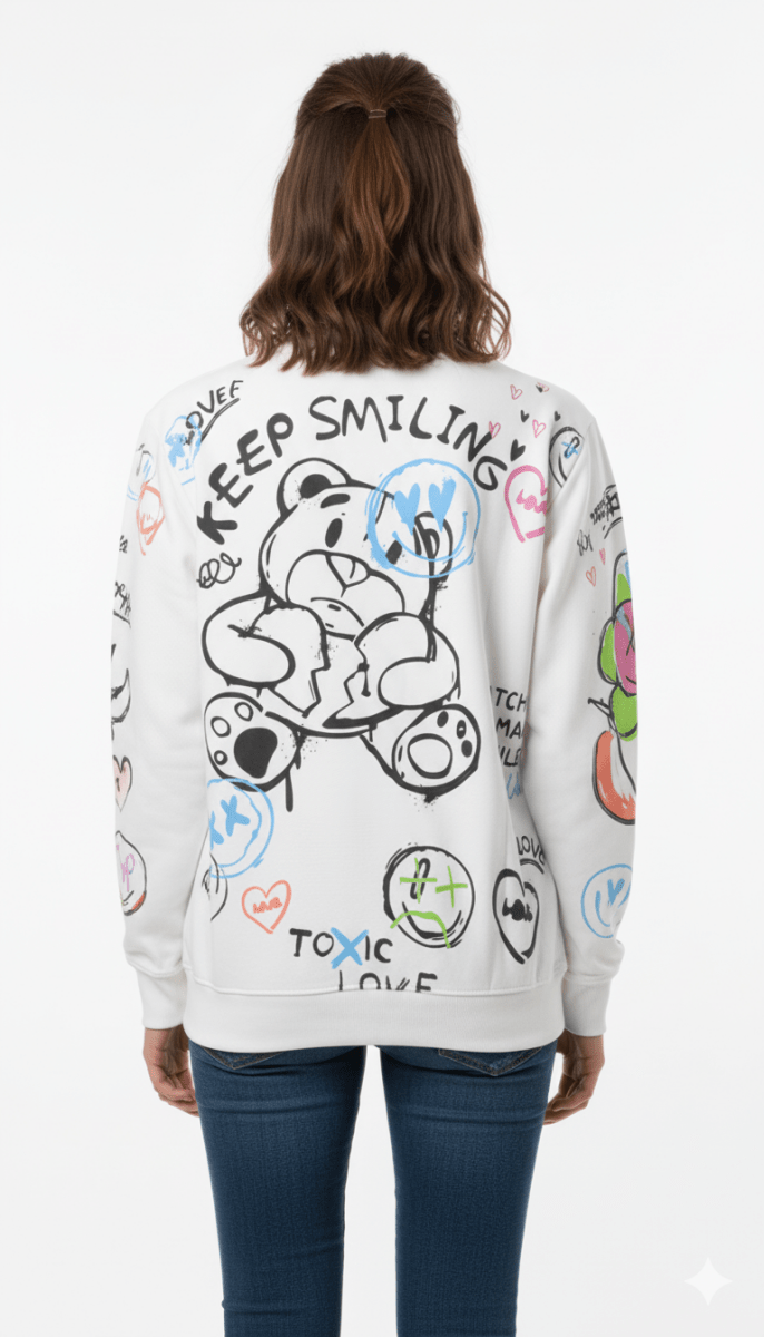 MNS WOMEN Doodle Graphic Sweatshirt White Multicolor Print - Smgarment's