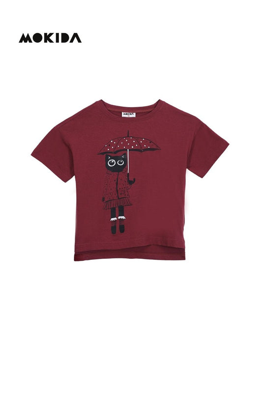 MOKIDA Girls' Maroon Cat Umbrella T-Shirt - Smgarment's
