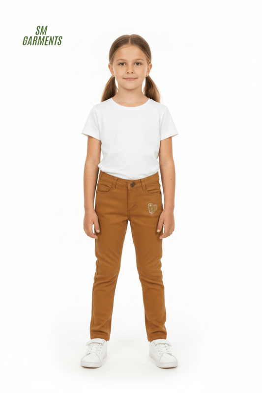 MY CHICCO Girls' Mustard Stretch Pants with Gold Sequin Heart - Smgarment's