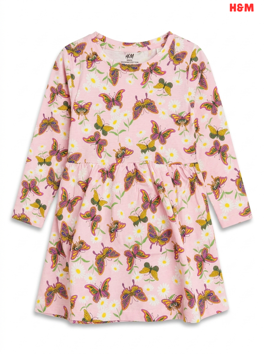 Girls' Butterfly & Daisy Print Long-Sleeve Dress
