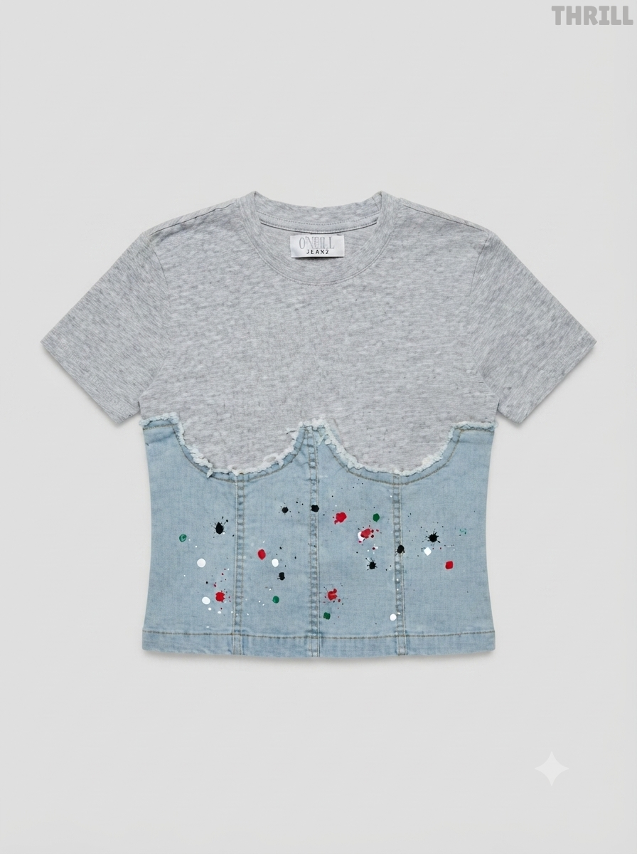 Grey Melange and Denim Paint-Splatter Corset-Overlay Tee