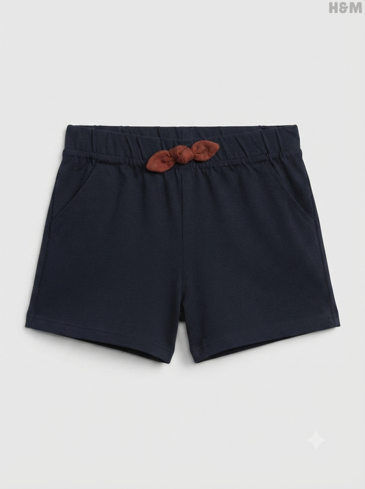 Girls' Dark Navy Cotton Shorts with Contrast Bow Detail