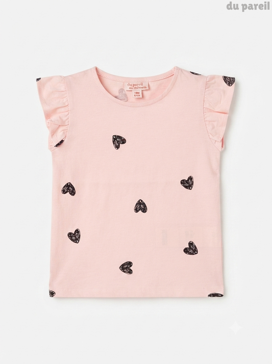 Girls' Light Pink Ruffle-Sleeve Heart Print T-Shirt