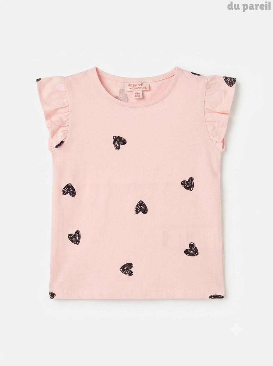 Girls' Light Pink Ruffle-Sleeve Heart Print T-Shirt