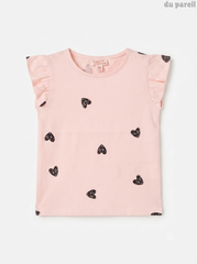 Girls' Light Pink Ruffle-Sleeve Heart Print T-Shirt