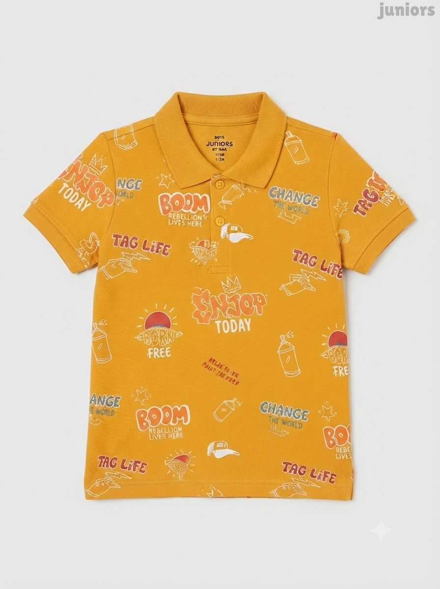 Boys' Mustard Yellow Graffiti Print Polo Shirt