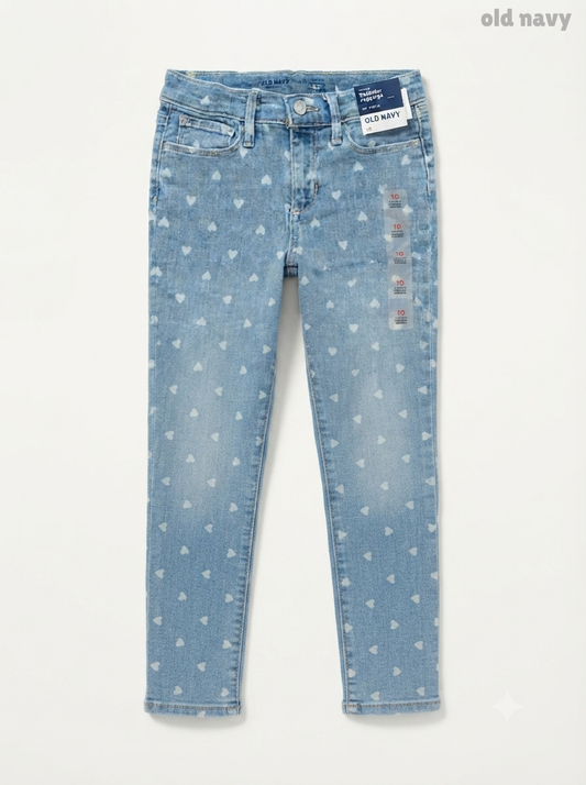 Girls' Light Wash Heart Print Slim Jeans