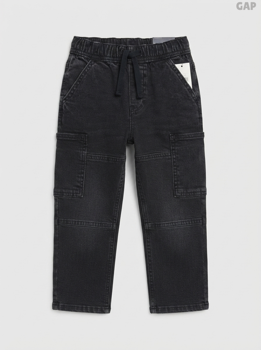 Boys' Washed Black Denim Cargo Pull-On Pants