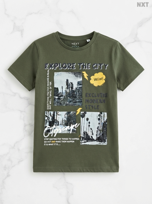 Boys' Khaki Green "Explore The City" Graphic T-Shirt