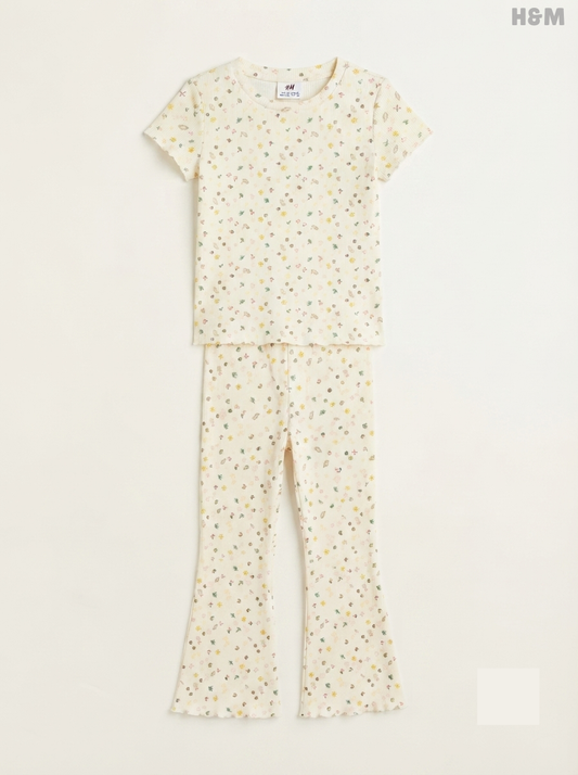 Girls' Off-White Ditsy Floral Ribbed Top & Flare Trousers Set