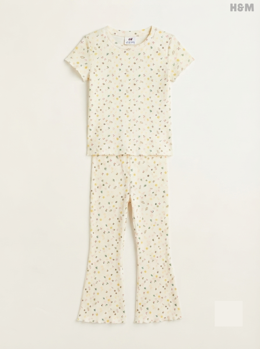 Girls' Off-White Ditsy Floral Ribbed Top & Flare Trousers Set