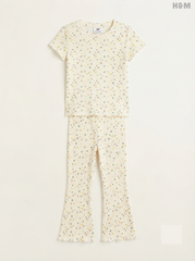 Girls' Off-White Ditsy Floral Ribbed Top & Flare Trousers Set
