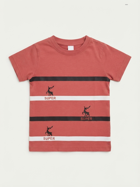Boys' Terracotta Red Reindeer "SUPER" Striped Graphic T-Shirt