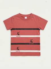 Boys' Terracotta Red Reindeer "SUPER" Striped Graphic T-Shirt