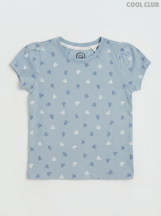 Girls' Dust Blue Heart Print Puff-Sleeve T-Shirt