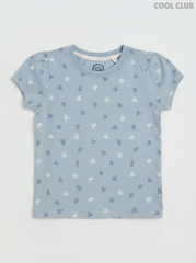 Girls' Dust Blue Heart Print Puff-Sleeve T-Shirt
