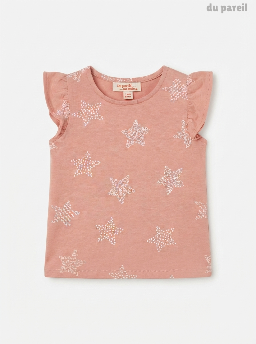 Girls' Dusty Pink Star Print Flutter-Sleeve Top