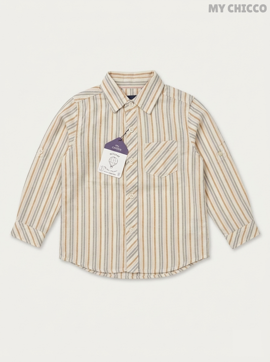 My Chicco Boys' Beige & Grey Striped Cotton Long Sleeve Shirt