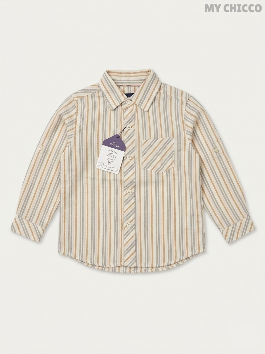 My Chicco Boys' Beige & Grey Striped Cotton Long Sleeve Shirt