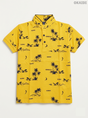 Okaïdi Boys' Bright Yellow Tropical Palm Print Cotton Polo Shirt