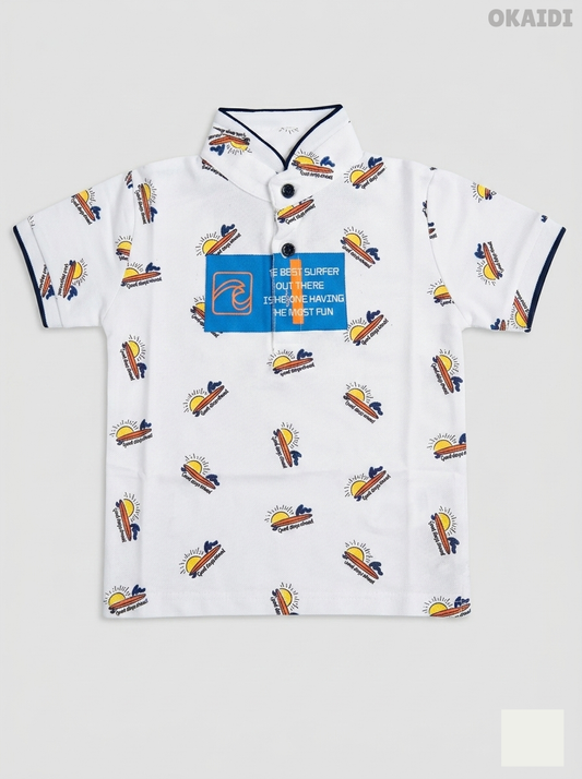 Okaïdi Boys' White Surf Graphic Cotton Polo Shirt