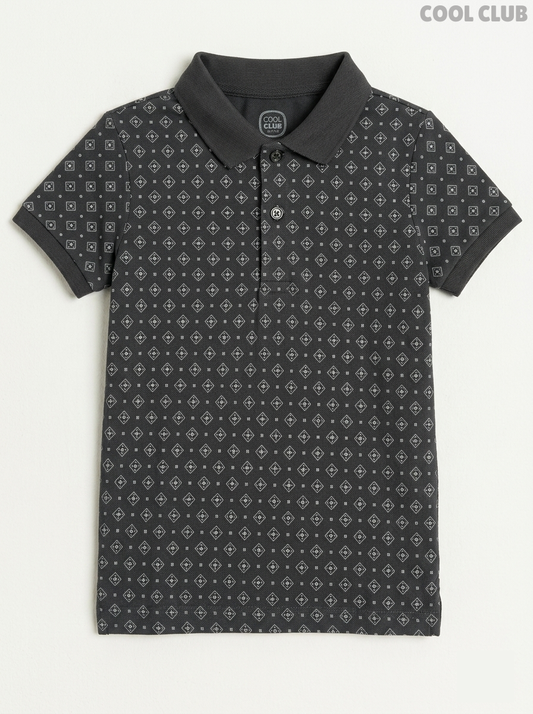 Cool Club Boys' Dark Grey Geometric Print Cotton Polo Shirt