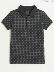 Cool Club Boys' Dark Grey Geometric Print Cotton Polo Shirt