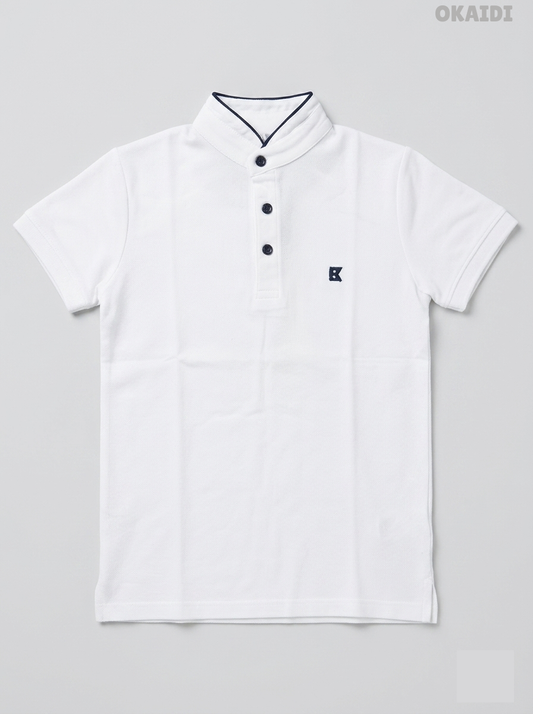 Okaïdi Boys' White Mandarin Collar Cotton Piqué Polo Shirt