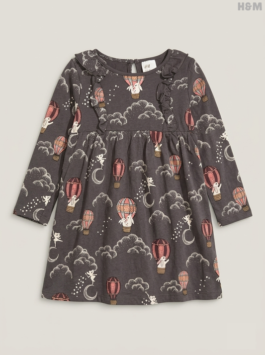 H&M Girls' Charcoal Grey Hot Air Balloon Print Cotton Long Sleeve Dress