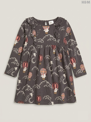 H&M Girls' Charcoal Grey Hot Air Balloon Print Cotton Long Sleeve Dress
