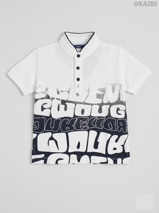 Okaïdi Boys' White & Navy Graphic Graffiti Cotton Piqué Polo Shirt