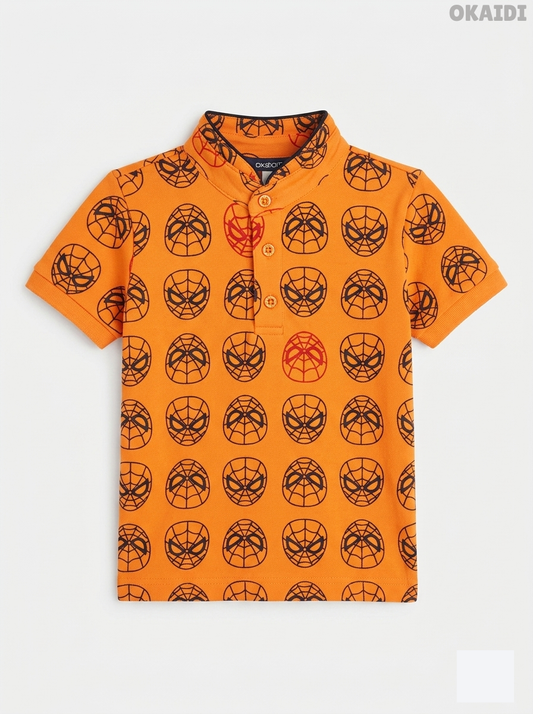 Okaïdi Boys' Orange Spider-Man Print Cotton Piqué Polo Shirt