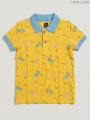 Cool Club Boys' Yellow Palm Tree Print Cotton Polo Shirt