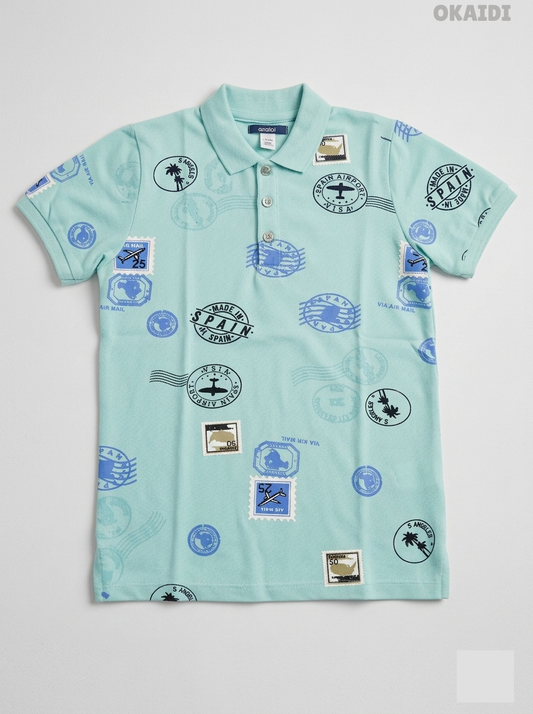 Okaïdi Boys' Mint Green Travel Passport Stamp Cotton Polo Shirt