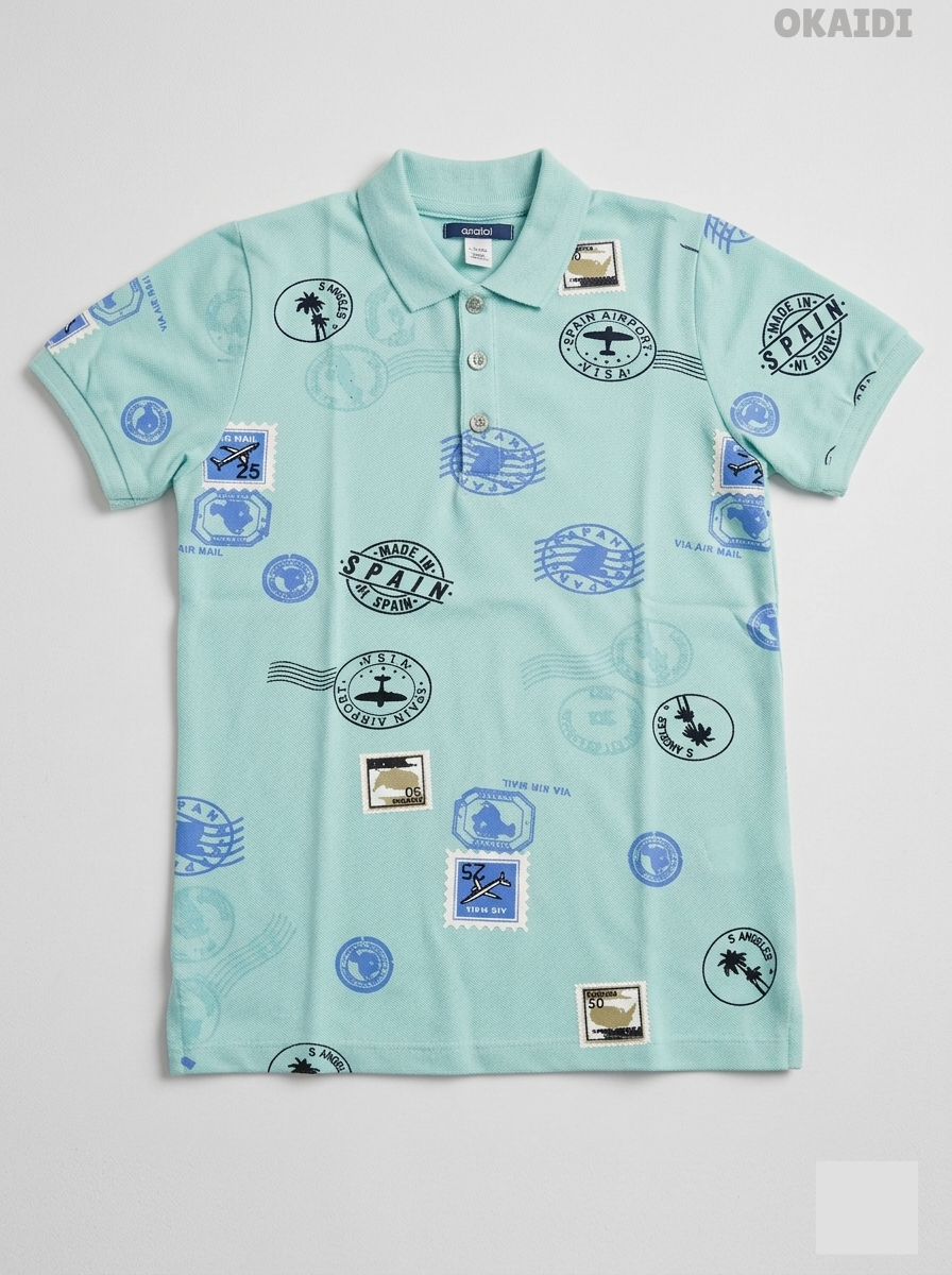 Okaïdi Boys' Mint Green Travel Passport Stamp Cotton Polo Shirt