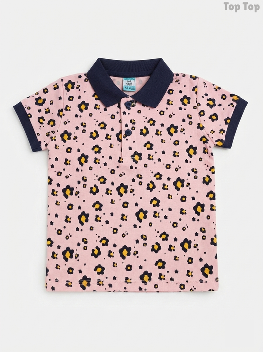 Top Top Girls' Light Pink Floral Print Cotton Piqué Polo Shirt