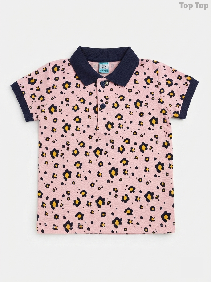 Top Top Girls' Light Pink Floral Print Cotton Piqué Polo Shirt