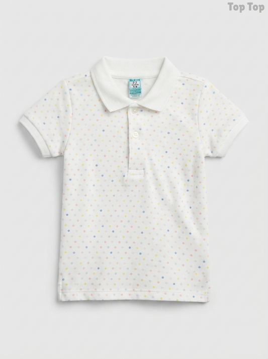 Top Top Boys' White Multicolor Polka Dot Cotton Piqué Polo Shirt