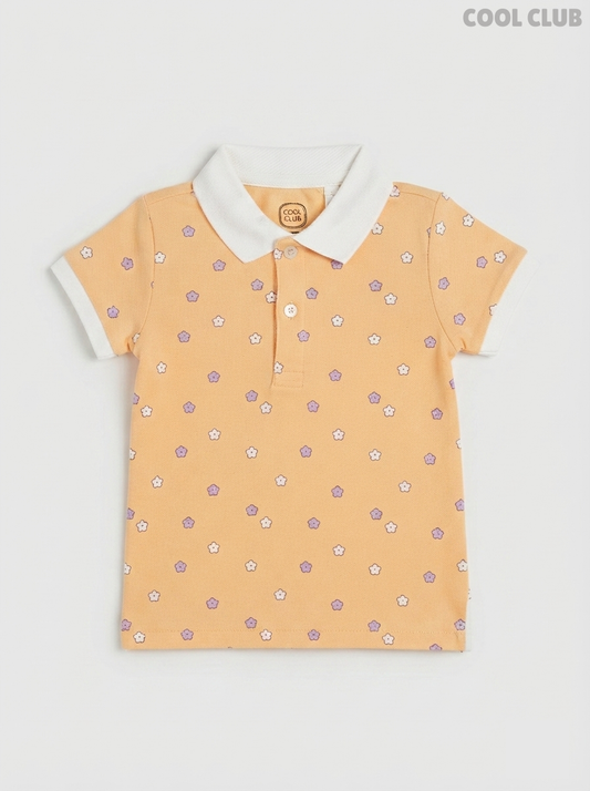 Cool Club Girls' Peach Floral Cotton Piqué Polo Shirt