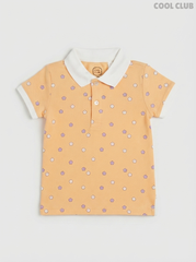 Cool Club Girls' Peach Floral Cotton Piqué Polo Shirt