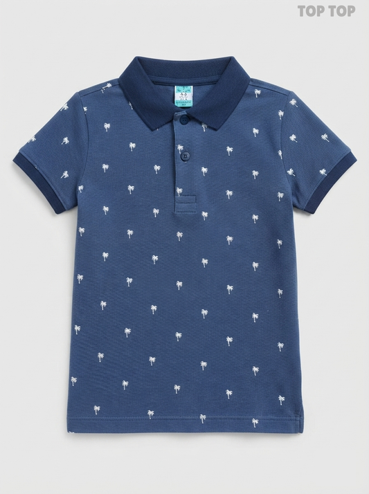 Top Top Boys' Blue Palm Tree Cotton Piqué Polo Shirt